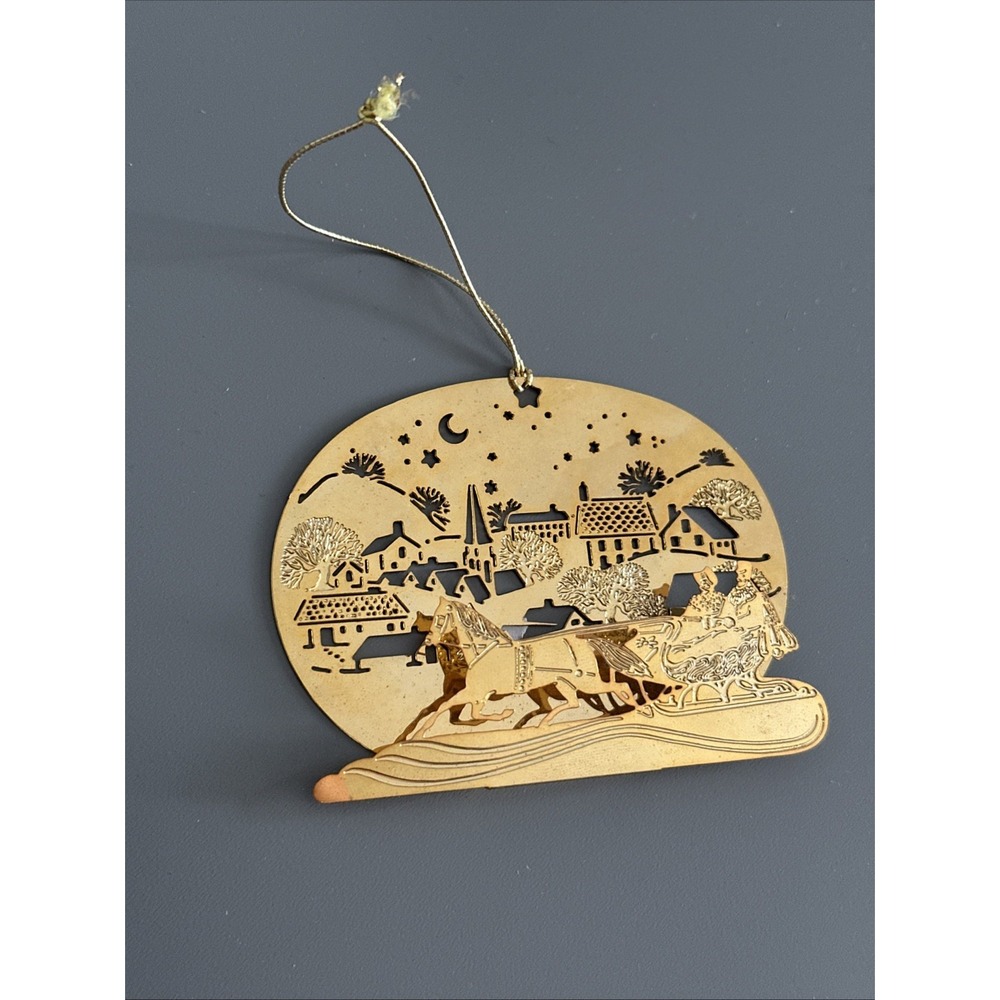 Hallmark 1982 3D Brass Sleigh Ride Gold Tone Christmas Ornament